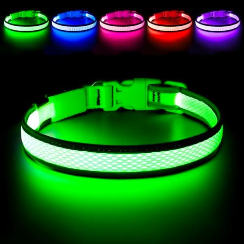 Flashseen LED Dog Collar, Light Up Dog Collar USB Rechargeable, Green, S