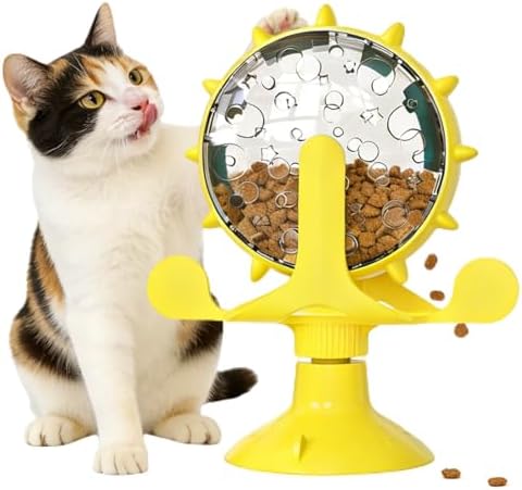 Cat Food Treat Dispenser Toy Interactive with 360°Rotating Windmill Suction Cup for Indoor Cats, Kittens & Small Dogs Slow Feeder Snack Exercise & Distribution Wheel Toy
