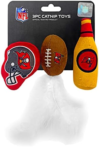 BEST PLUSH CAT TOY - NFL TAMPA BAY BUCCANEERS Complete Set of 3 piece Cat Toys filled with Fresh Catnip. Incld: 1 Helmet Cat Toy, 1 Football Cat Toy with Feathers & 1 Beer Bottle. Beautiful Team LOGOS