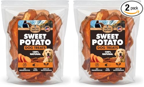 BRUTUS & BARNABY Dried Sweet Potato Dog Treats, Full Slices, 2 lb, 2 Pack | Single ingredient chews, healthy, hypoallergenic; gentle on sensitive stomachs. Made in USA, thick cut for large breeds