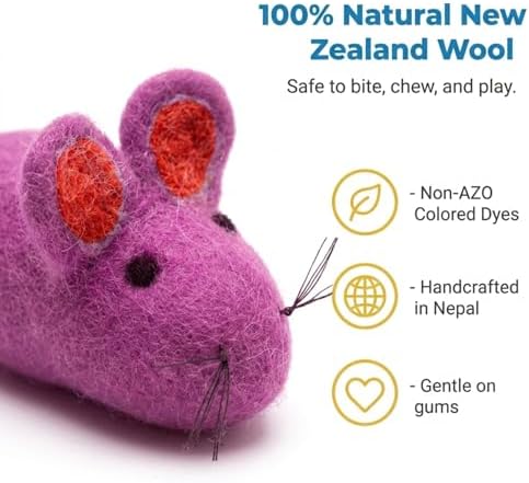 Glaciart One Felt Mouse Cat Toy – Soft Fuzzy Enrichment 100% Natural Wool - Interactive Catnip Play Cat Toy Set - Safe for Pets, Non-AZO Colored Dyes - 100” Long