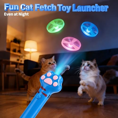 BABORUI Cat Toy Disc Launcher, Rechargeable Interactive Cat Fetch Toy Launcher with 8 Flying Discs, Flying Enrichment Toys for Indoor Bored Kittens & Adult Cats (Blue)