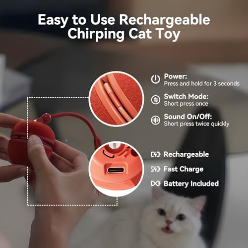 Cheerble 2 in 1 Interactive Cat Toys for Indoor Cats - Wicked Ball Duo2 Automatic Cat Toy, Dual Interchangeable Shells, Electric Moving Cat Ball with Tail & Chirping Sounds, Red