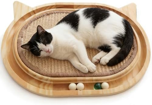 Sisal Cat Scratcher Toy with Ball Track,Wooden Interactive Cat Toy,Cats Scratch Pad for Indoor Cat, Physical Exercise for Kitty and Medium Cat
