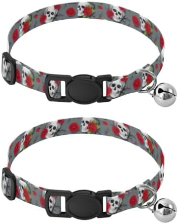Skull Roses Gray Easy to Wear Dog Collar 2 Pack Comfortable Cat Collar