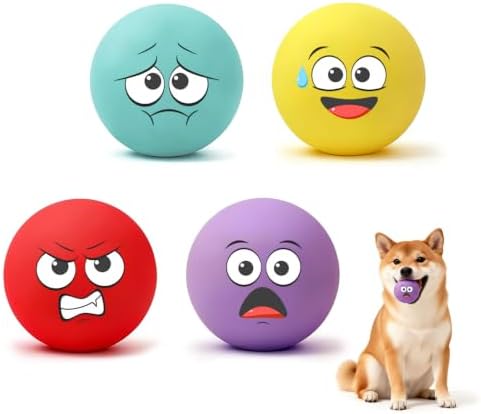 Squeaky Balls for Small Dogs, 2.4" Soft Latex Squeaky Dog Ball Toys, Emoji Smile Face Rubber Bouncy Balls, Puppy Teething Chew Toys for Small & Medium Dogs (2.4"-Pack B)