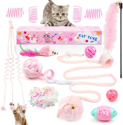 QUOZUO Pink Cat Toy Kitten Toys Set, Hanging Interactive Kitten Toys Wand Springs Mice Crinkle Balls and Pet Bell Balls Toys for Indoor Cats, 12Pcs Gift Box Styles (Pink)