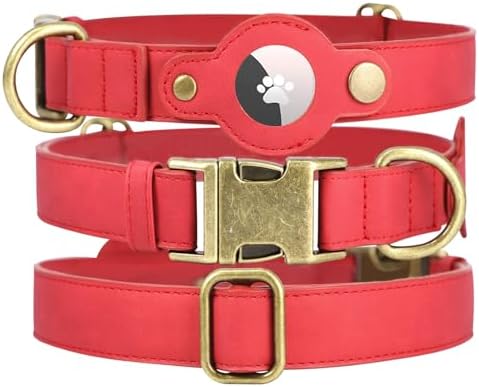 Airtag Dog Collar, PU Leather Collar with Airtag Holder for Large Dogs(Red)