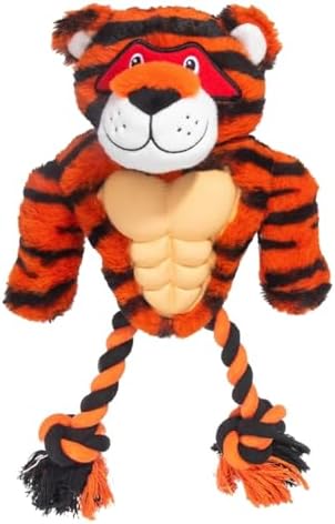 Tiger Rope & Plush Dog Toy with Squeaker, Interactive Tug Toy for Medium to Large Dogs, Multi-Texture Toy for Tug, Toss & Supervised Play