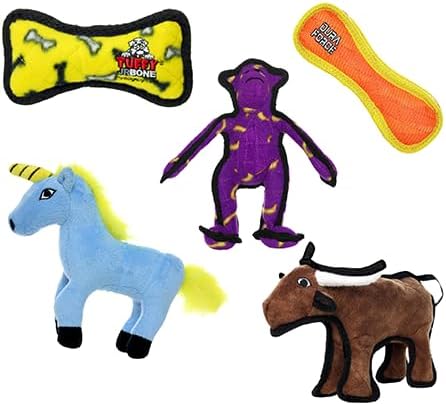 TUFFY® 5 Pack Jr Monkey, Bull, Bone & Unicorn Ultra Durable Plush Dog Toys
