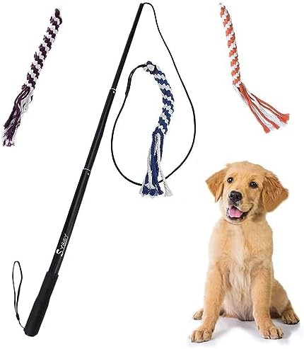 Flirt Pole for Dogs, Interactive Dog Toys for Dog Chase and Tug of War, Dog Teaser Wand with 3 Fleece Rope Chew Toy, Pet Flirt Stick Pole for Small Medium Large Dogs Training Exercise