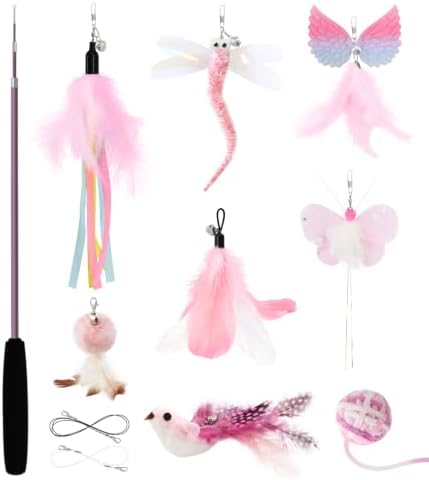 SONGWAY Interactive Cat Wand Toy Set - Retractable Cat Teaser Wand with 8 PCS Cat Toy Attachments, Dragonfly Butterfly Bird Mouse Yarn Ball Tassel Feather Cat Toy Refills for Indoor Cats Kittens, Pink