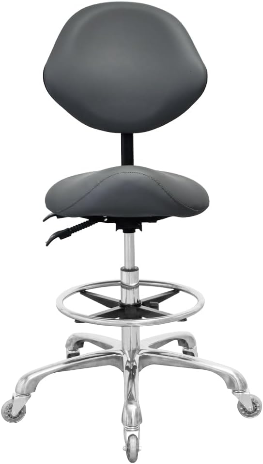 Saddle Stool Chair with Back Support Footrest, Heavy-Duty(350LBS), Hydraulic Rolling Swivel Adjustable Stool Chair for Salon Spa Beauty Massage Dental Clinic Home Office Use(Grey)