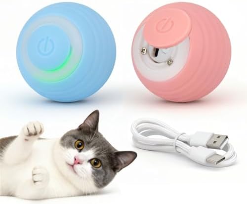 Interactive Cat Toy Ball Set, Indoor Mobile Cat Toy Ball with LED Light, Smart Pet Ball, Automatic Intelligent Rolling Ball Electric Chase Toy, USB Rechargeable - 2PACK