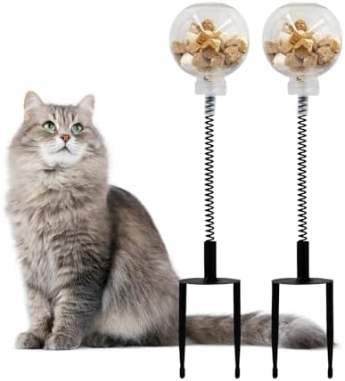 2 Pack Cat Toys for Outdoor, Plastic Treat Ball with Spring and Metal Stake, Cat Treat Dispenser, Toy for Cats to Keep Them Busy, Kitten Toys
