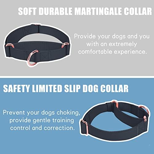 Soft Leather Martingale Dog Collar - Adjustable Rose Gold Limited Slip Collars [Easy to Clean], Stylish Durable Heavy Duty Nylon No Pull Training Collar for Small Medium Large Dogs L Black