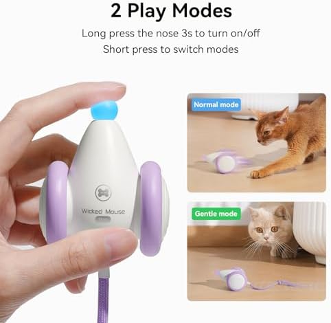 Interactive Cat Toys for Indoor Cats - Automatic Moving Kitten Toys, Wicked Mouse Neo Cat Toy with Tail & Lights, Pet Cat Supplies, Rechargeable Cat Toys for Bored Indoor Adult Cats, Purple