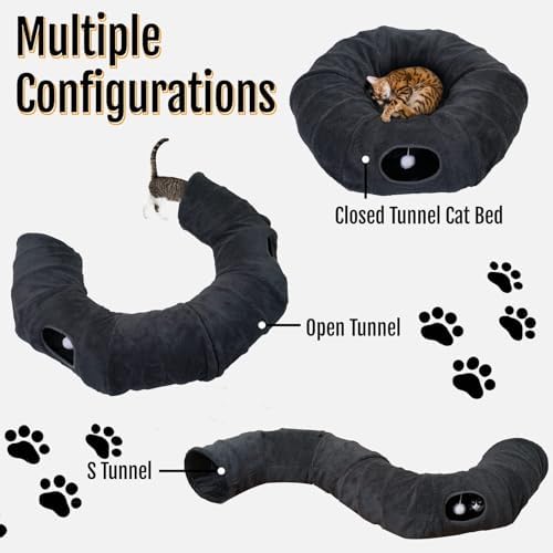 Cat Tunnel Bed with 2 Catnip Fish Toys (1000mg Natural Catnip) Interactive Cat Toys, Cat Tubewith Kitten Toys for Indoor Kittens, Collapsible Play Tunnel, Dark Grey