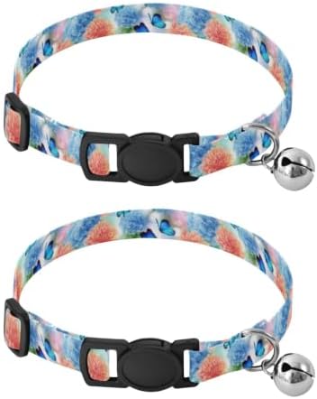 Hydrangeas Blue Butterflies Metal Bell Included Cat Collar 2 Pack Collars for Cats