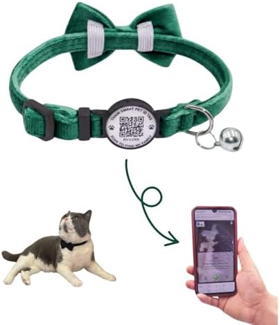THAIN Personalized Cat Collar with Bell and Bowtie Breakaway QR Code Name Smart ID tag Quick Release Soft Comfortable Collar for Cats and Kittens (Green)
