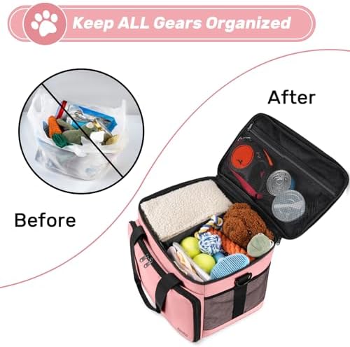 6 Set Dog Travel Bag, Large Pet Travel Kit for Supplies, Pink