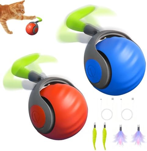 Automatic Moving Cat Toy, 2026 Upgrade Motion Activated Ball with Feather Tail, USB Rechargeable Smart Cat Toys for Indoor, Fun Exercise for Kittens (Blue and Orange)