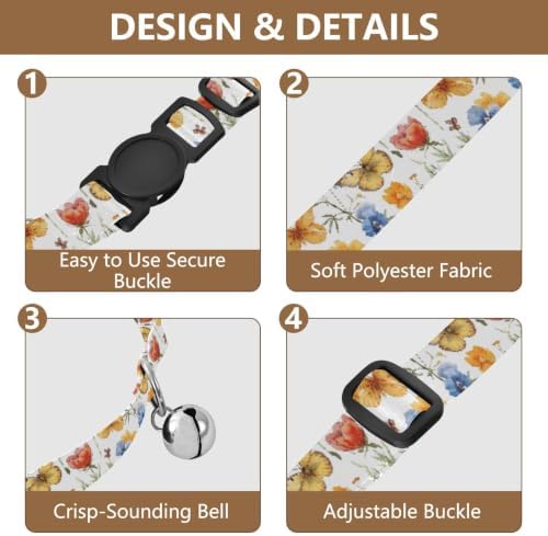 Watercolor Wildflower Decorative Pet Collar with Bell 2 Pack Puppy Collar Adjustable 10.6 to 17.1 Inches
