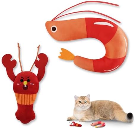 Andiker 2 Pcs Catnip Toys for Cats, Cute Shrimp and Lobster Shape Plush Toy with Catnip PP Cotton Built-in Bells Funny Interactive Cat Toys for Indoor Cats Bite Chew Hunting
