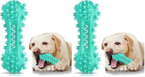 Dog Teeth Cleaning Toy for Training, Playing, Chewing - Squeaky Toys for Aggressive Chewers - Toothbrush Stick Bone for Medium Large Dogs (Blue) (Pack of 2)
