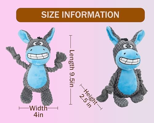 Squeaky Dog Toy Chew Plush Stuffed with Cotton Rope Crinkle Paper Soft Interactive Durable for Small Medium Large Dogs Puppy Pet Grey Donkey