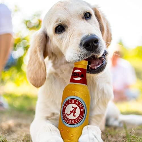NCAA Alabama Crimson Tide Beer Bottle Plush Dog & CAT Squeak Toy- Cutest Stadium SODA Bottle Snack Plush Toy for Dogs & Cats with Inner Squeaker & Beautiful Football/Basketball Team Name/Logo