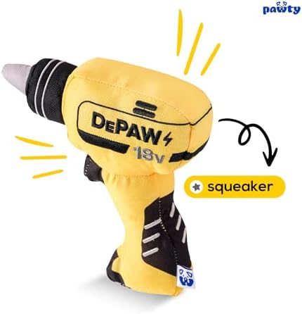 PAWTY Power Drill Dog Toy - Funny Parody Plush Squeaky Toy - Interactive Tool Kit Enrichment Gift for Small Medium Dogs & Puppies - Novelty Birthday Gift for Dog Dads