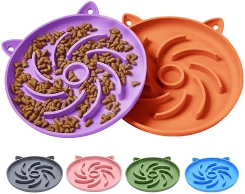 2Pcs Silicone Slow Feeder Cat Bowl,Puzzle Feeder,Interactive Toys,Slow Feeding cat Bowl Suitable for All Dry and Wet Foods,Easy to Clean Silicone Bowls(Orange and Purple)