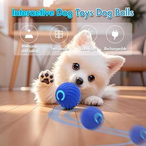 Interactive Dog Ball Toys for Pet Dogs,Smart Electric Small Medium Dog Toys to Keep them Busy,Automatic Rolling Jumping Balls with 2 Cover for Dogs,Rechargeable Balls,Not for Aggressive Chewers,Blue