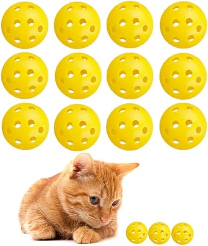 12Pcs Cat Ball Toy, Low Noise No Bells Holey Plastic Cat Balls, Funny Interactive Cats Toys for Indoor Cats, Firm Toy Balls for Kitten Puppy Ferret Bird (1.65", Yellow)