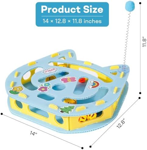 Interactive Kitty Puzzle Toy with Spring Wand Game Board, Maze Activity Playset for Indoor Cat, Rolling Ball Entertainment for Kitten Puppet