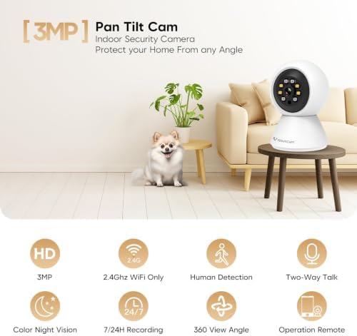 VSTARCAM 3MP 2K Indoor Security Camera, 2.4GHz WiFi Pet Camera with 355° Pan 60° Tilt, Human Detection, Color Night Vision, 2-Way Audio, App Alerts, 24/7 Recording, Cloud & microSD Storage