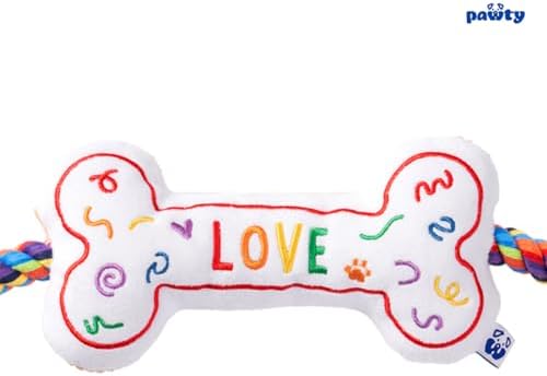 Love Bone Interactive Dog Toy - Interactive Tug Rope Pet Toy - Funny Cute Unique Rainbow Design Party Pride Love Gift - Small Medium Puppy - Durable Chew Resistant Plush with Squeaker for Teething