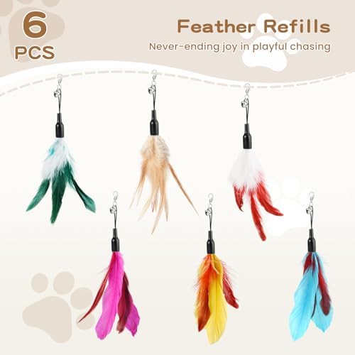 Pawaboo Cat Feather Wand Interactive Toy, 6 Feathers + 1 Wand with Bell