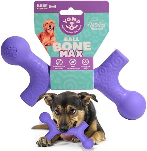 Yomp BallBone MAX: All-Natural Rubber Dog Toy Bone Shape, Nontoxic, Safe for Pet Play, Purple Color, Dishwasher Safe, Freezer Safe for Teething Relief
