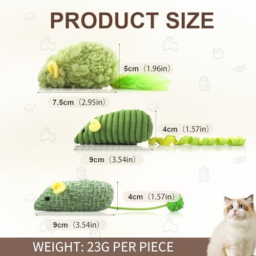 Andiker 3PCS Cat Mouse Toys, Colorful Catnip Toys for Cats with Rattle Box Ribbon Feather Interactive Cat Toys for Indoor Cats to Chew Bite Teeth Cleaning (Green)