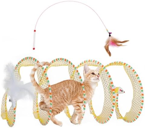 Spiral Tunnel Cat Toy, 25.59 Inches Unfolded with Cat Wand Self Play Collapsible, Hunting Spiral Tunnel with Feather Mouse Toys and Bell for Indoor Kitten Play Chase Exercise (Yellow)