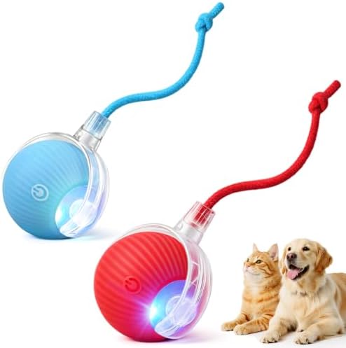 2-Pack Smart Interactive Automatic Electric Rolling Moving Rechargeable Motion Activated Self Play Stimulation Chase Teaser Ball Toy with Rope for Indoor Bored Adult Cat and Dog, Red+Blue