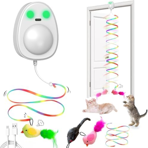 Interactive Cat Toys for Indoor Cats,Electric Flying Bird & Mouse Wand Teaser, Automatic Hanging Door Frame Chase/Hunt/Exercise Stimulate Feather Cat Toy for Bored Indoor Adult & Kitten (White)
