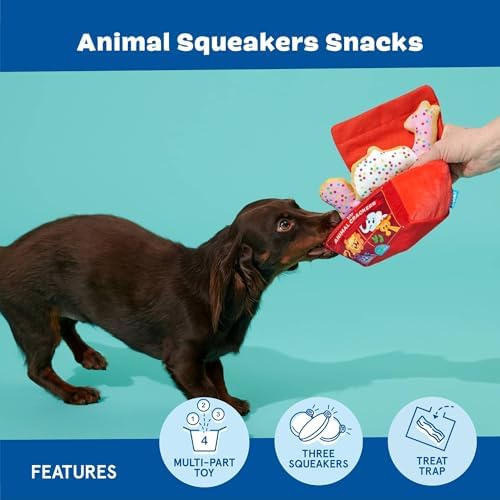 BarkBox Animal Squeakers 4-in-1 Interactive Plush Dog Toy | Squeaky Dog Toys with Crinkle Box and Treat-Hiding - For Extra Small to Small Dogs and Puppies