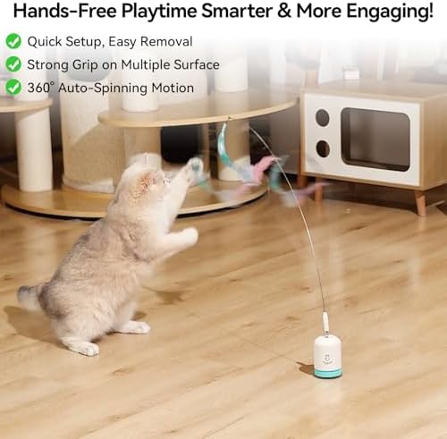 Migipaws Interactive Automatic Cat Teaser Wand Toy with Strong Suction Cup, 70cm Flexible Wire & DIY Bending Design, Rechargeable Cat Exercise Toy with Auto Timer for Indoor Cats (White)