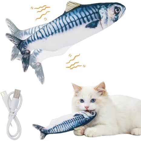 Flopping Fish Cat Toy, Interactive Moving Plush Cat Kicker Toy with Catnip Pocket, USB Rechargeable Automatic Wiggle Mackerel Toy for Indoor Kitten & Small Dogs, Single Mackerel（11.02Inch）