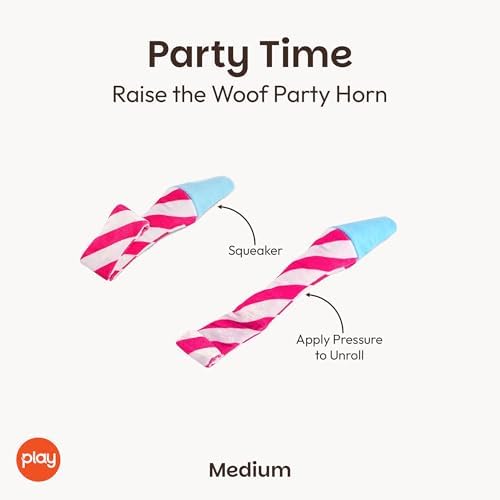 P.L.A.Y. Cute Plush Dog Toys - Birthday Party Themed Durable Squeaker Chew Toy, Great for Puppies & Small, Medium, Large Dogs - Machine Washable, Recycled Materials (Raise the Woof Party Horn, Medium)