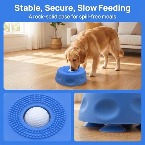 Interactive Dog Licking Toy Ball Slow Feeder Bowl, Food Safe Silicone Bowl for Bone Broth Yogurt Juice, Slow Feeding Protect Dog Stomach & Gut (Blue)