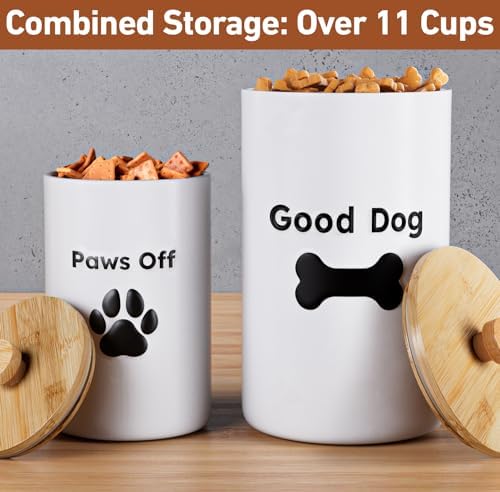 Dog Treat Container Airtight Set of 2, 9x5 & 7x4 inch Ceramic Jars. 11 Cups